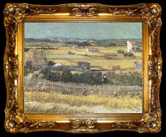 framed  Vincent Van Gogh Harvest at La Crau,with Montmajour in the Background (Blue Cart) (mk09), ta009-2